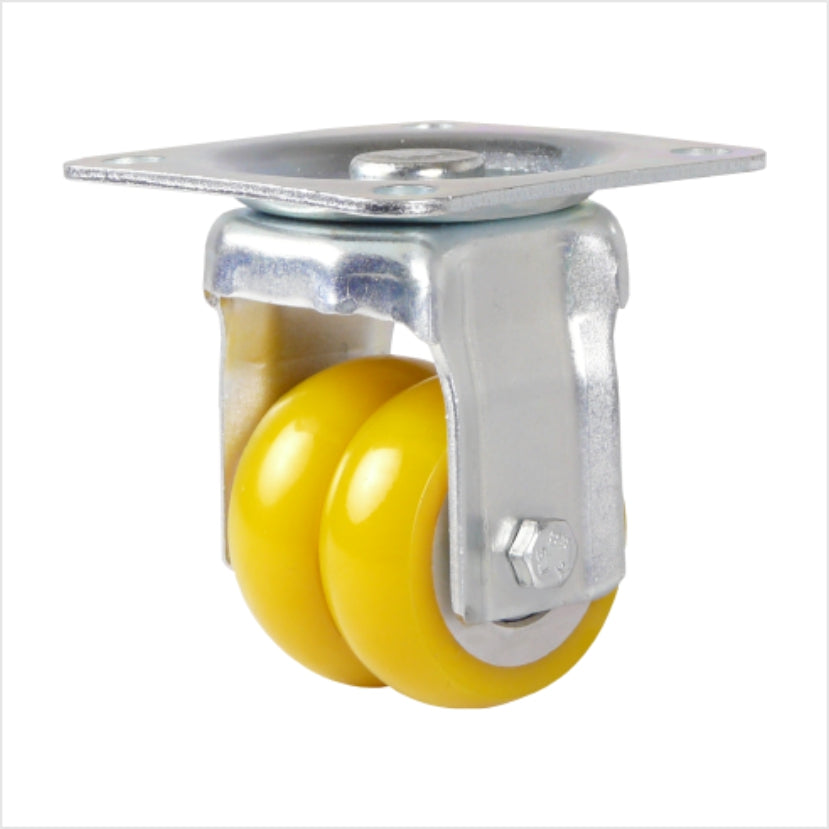 Bockrolle als miniSchwerlast-Doppelrolle mit zwei balligen Rädern 50 x 20 mm aus Polyurethan mit einer Kopfplatte als Anschraubplatte mit 4 Löchern.