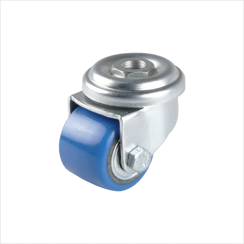 mini-Schwerlast-Lenkrolle mit blauem Polyurethan-Rad, elastisch-weiches Rad, mit Rückenlochbefestigung für eine Schraube.