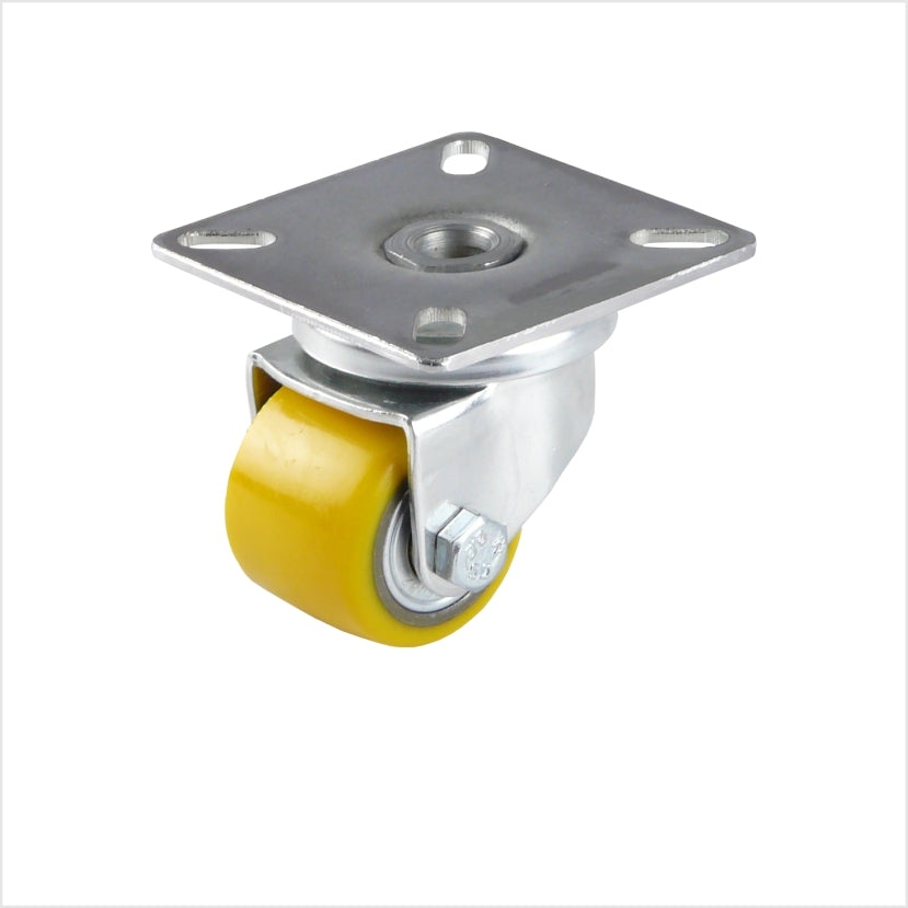 mini-Schwerlast-Lenkrolle mit gelbem Rad mit Durchmesser 35 mm.