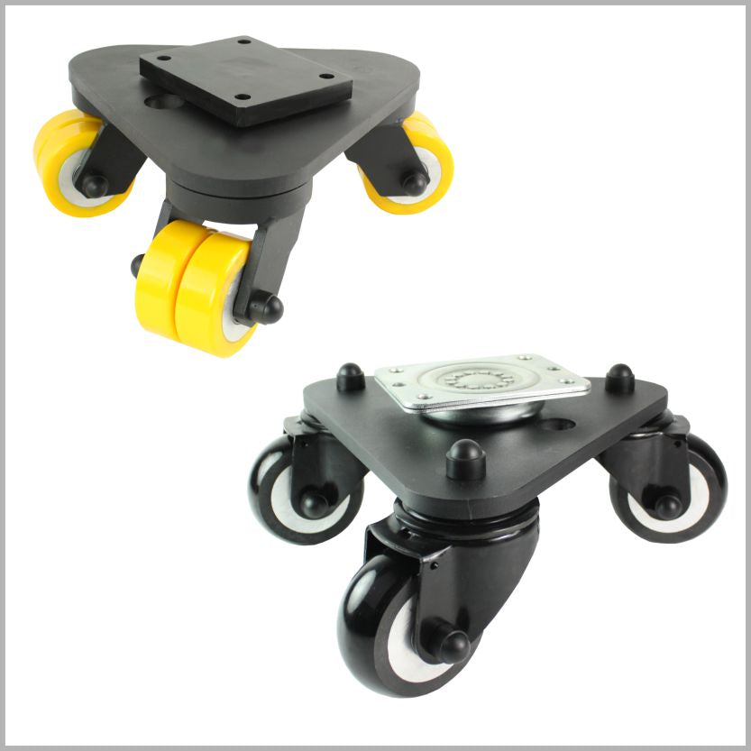 Kategorie Drehteller für Bühnen und Theater oder auch Dreieckfahrwerke genannt. Die Fahrwerke bestehen aus einer dreieckigen Platte mit jeweils einer Rolle an jeder Ecke.