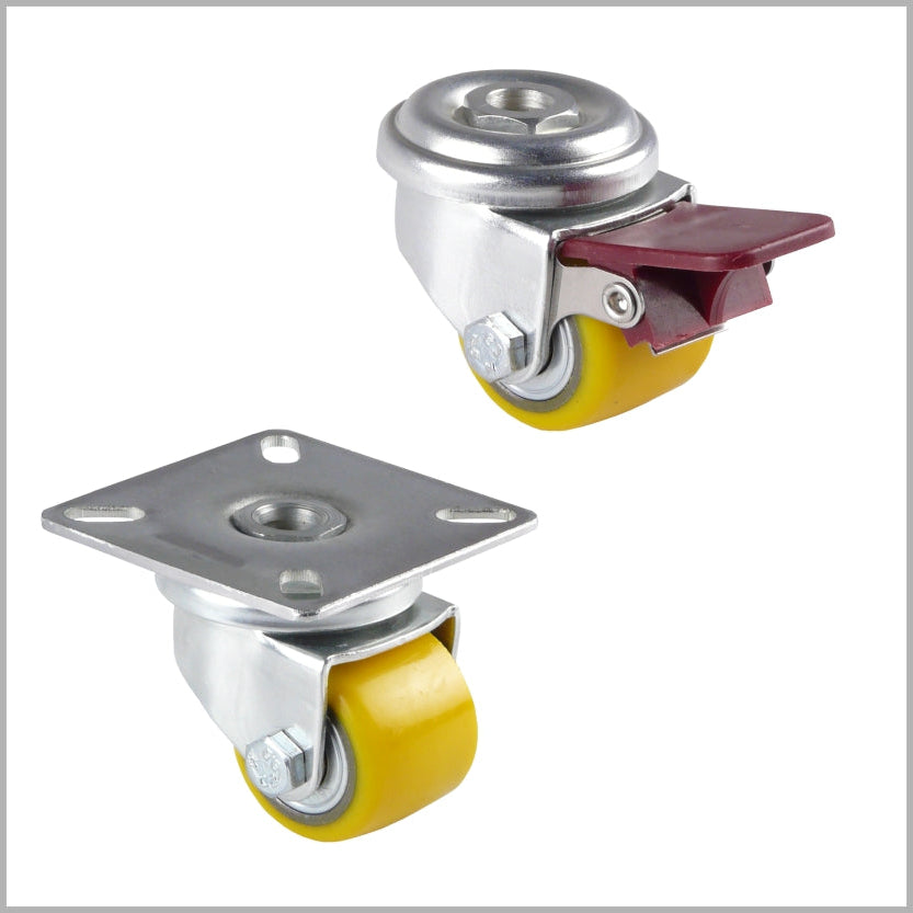 Small mini heavy-duty castor with yellow polyurethane wheel on white background
