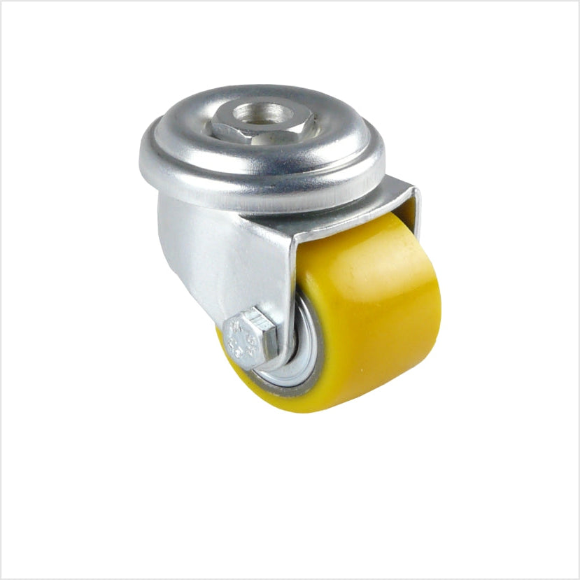 35 mm mini-heavy-duty castor with yellow polyurethane-wheel, for theatre, stages, Lager and industry.
