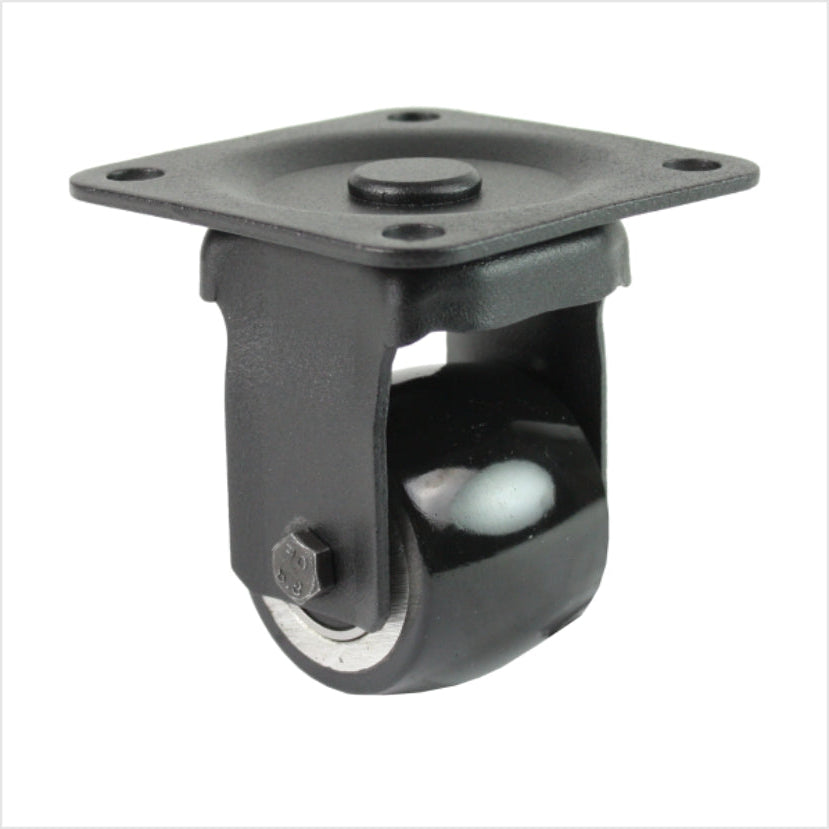 Schwarze Mini-Schwerlast-Bockrolle B-MIB-691KBA mit balligem Rad, Raddurchmesser 50 mm, kompakte Industrie-Bockrolle für Möbel-, Laden- und Messebau