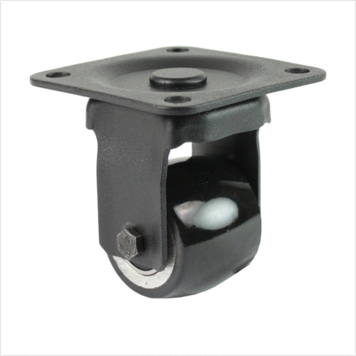 Schwarze Mini-Schwerlast-Bockrolle B-MIB-691KBA mit balligem Rad, Raddurchmesser 50 mm, kompakte Industrie-Bockrolle für Möbel-, Laden- und Messebau