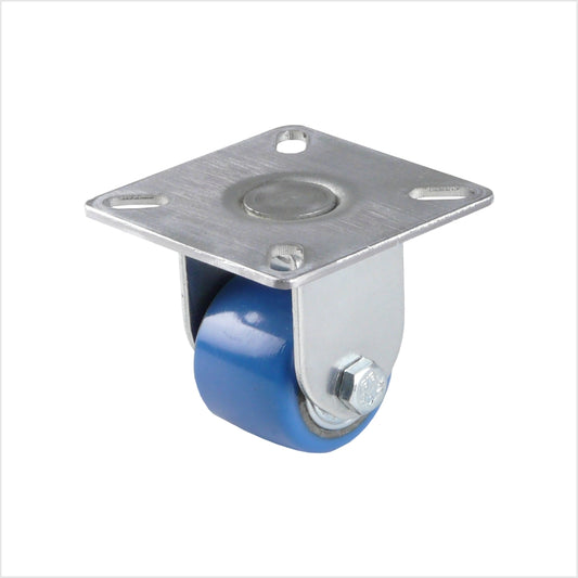 Kleine Bockrolle mit blauem Rad - Durchmesser 35 mm, mit Plattenbefestigung mit 4 Löchern zum Anschrauben.