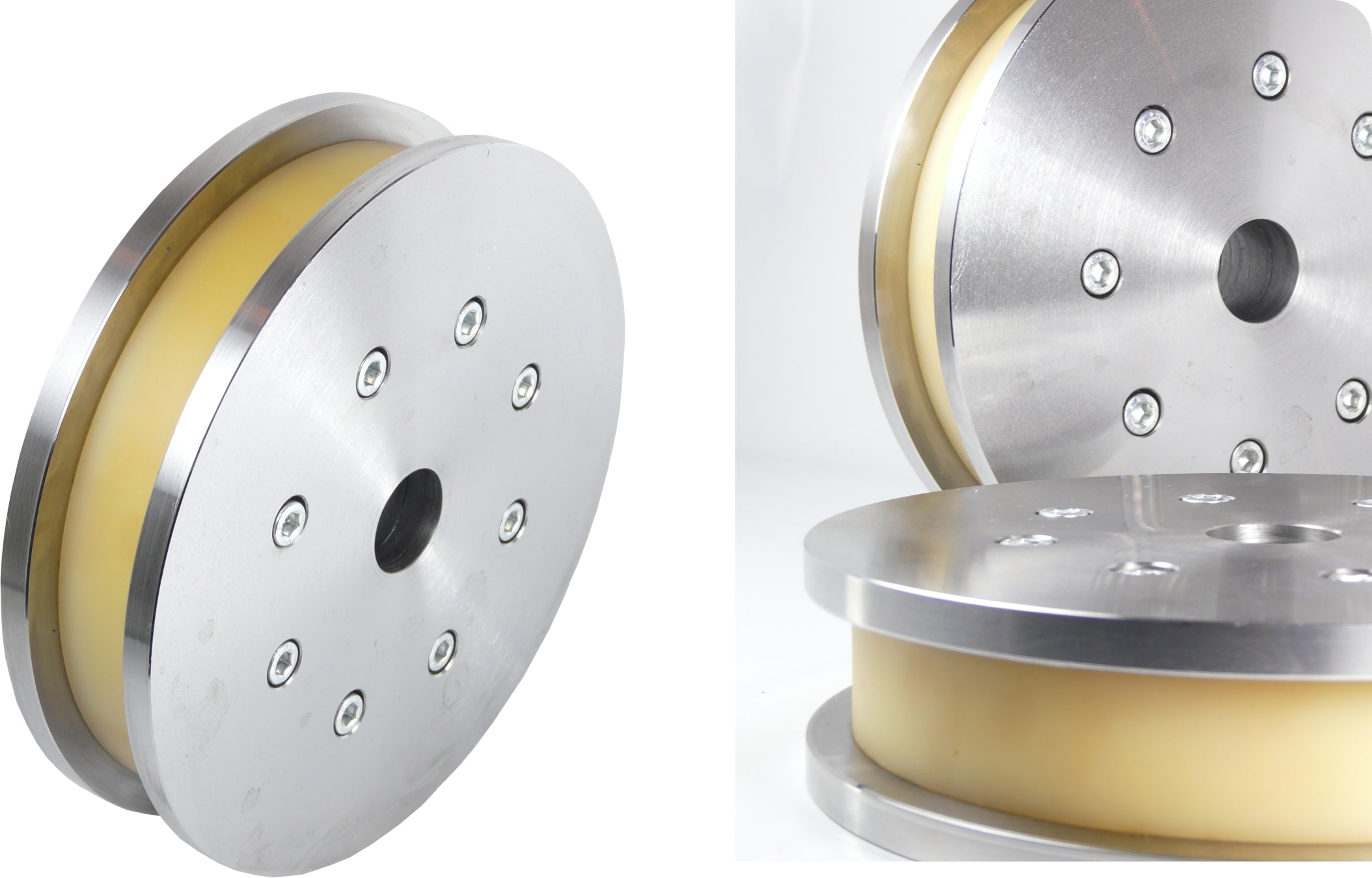 Mehrteiliges DoppelSpurkranzrad verschraubt. Besteht aus 3 Teilen. mittig ein Vulkollan-Laufbelag und beidseitig zwei Fürhungsscheiben aus Stahl. 