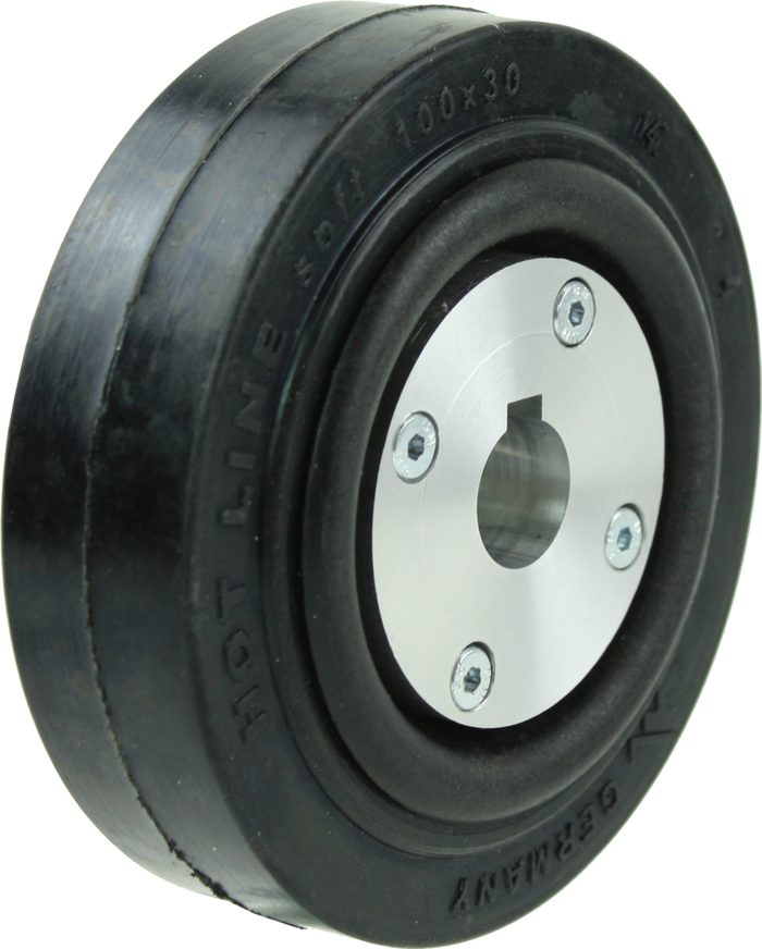 Heat-resistant rubber wheel with retrofitted drive insert and keyway  