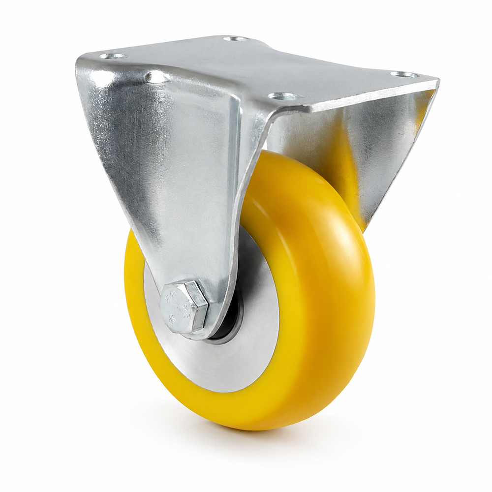 Industrial fixed castor Ø 125 mm crowned with top plate – yellow polyurethane wheel
