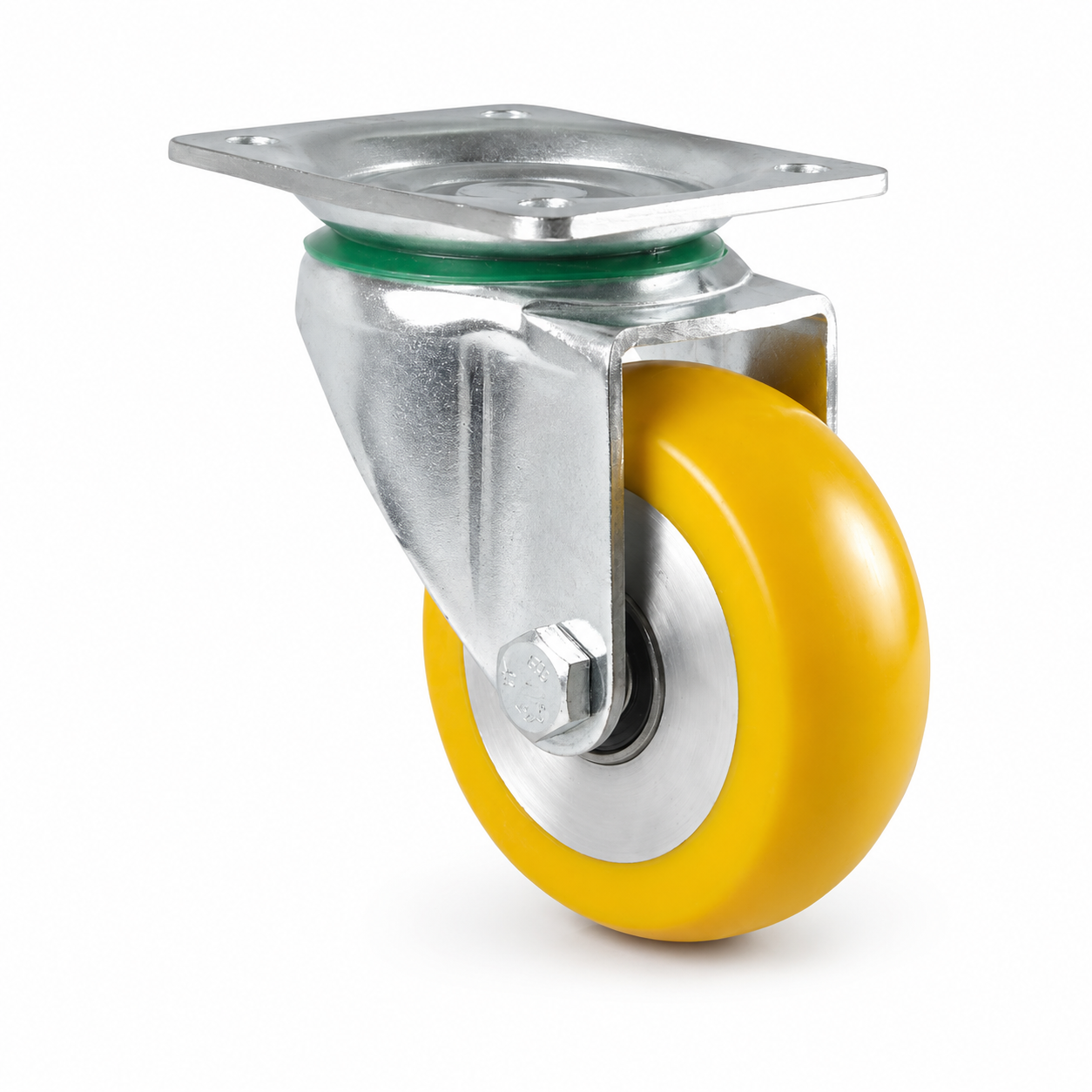 Industrie-Lenkrolle Ø 125 mm ballig mit Anschraubplatte – gelbes Polyurethan-Rad