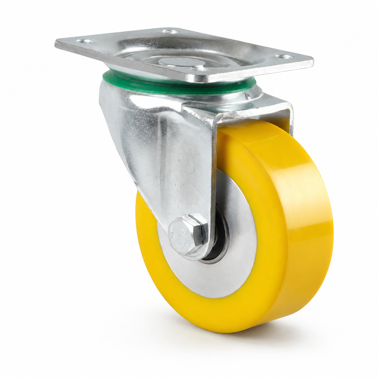 Industrie-Lenkrolle Ø 125 mm flach mit Anschraubplatte – gelbes Polyurethan-Rad