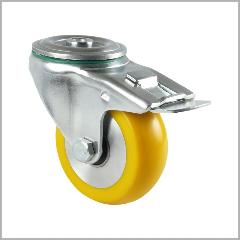 80 mm swivel caster, back hole and brake, polyurethane wheel, crowned & flat - RTB-TS/690KBA/080/30