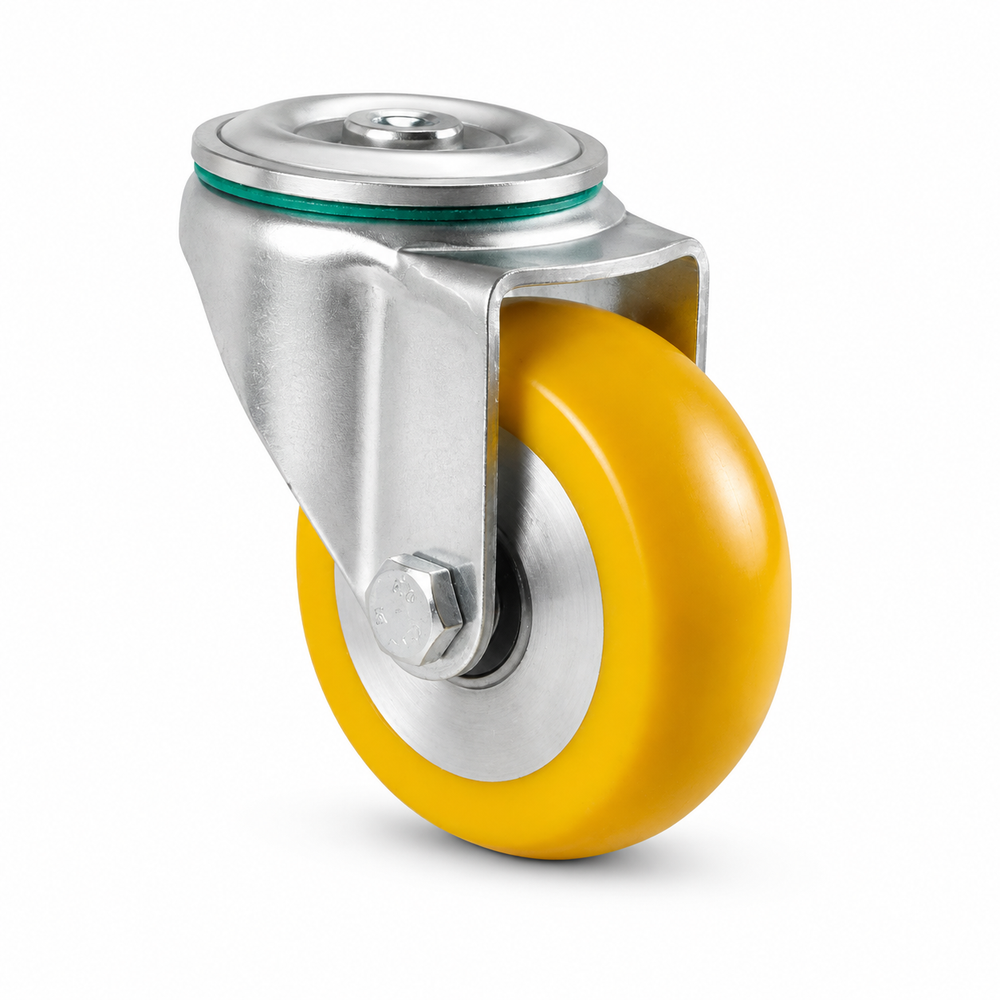 Industrial swivel castor Ø 80 mm crowned with bolt hole – yellow polyurethane wheel