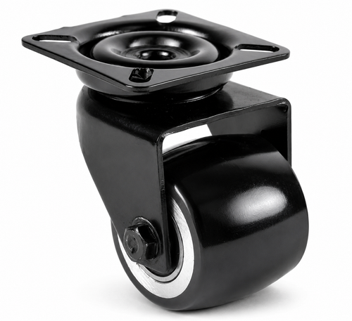 Schwarze 50 mm Mini-Schwerlast-Lenkrolle L-DAPS/691KBA mit balligem Polyurethan-Rad und Plattenbefestigung