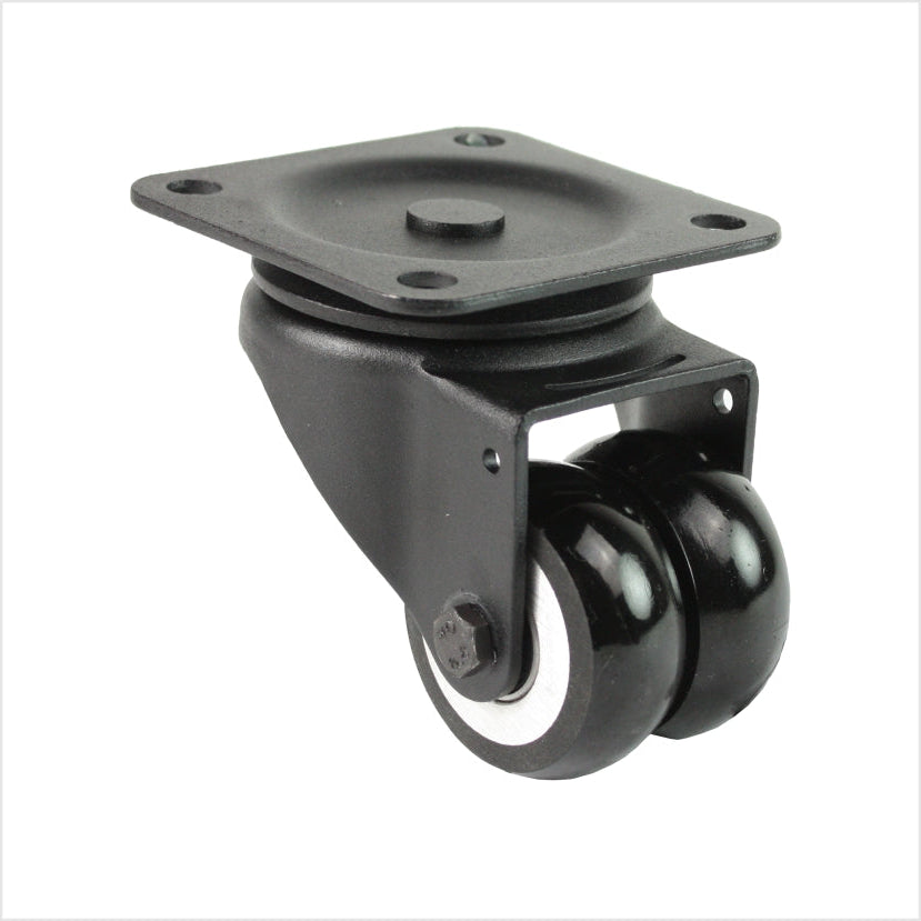 mini Schwerlast-Doppel-Lenkrolle mit schwarzem Gehäuse und 2 schwarzen Polyurethan-Rädern, ballige Radform für leichteres Schwenken und Anschieben.