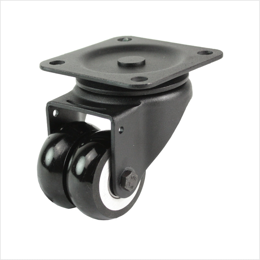 mini Schwerlast-Doppel-Lenkrolle mit schwarzem Gehäuse und 2 schwarzen Polyurethan-Rädern, ballige Radform für leichteres Schwenken und Anschieben.