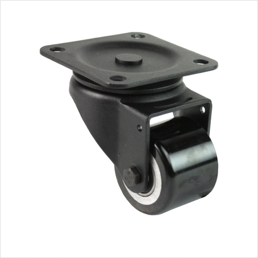 Schwarze Mini-Schwerlast-Lenkrolle L-MIB-691KFL mit flachem Doppelrad, Raddurchmesser 50 mm, kompakte Industrie-Lenkrolle für Möbel-, Laden- und Messebau