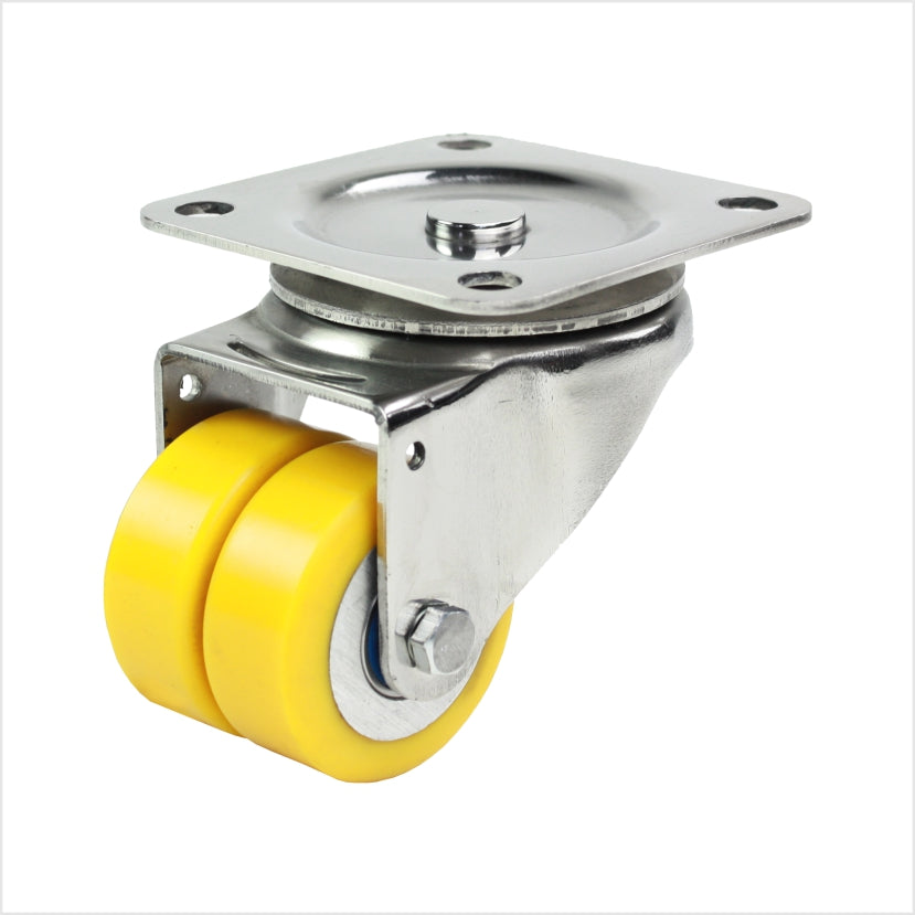 Edelstahl-Lenkrolle minischwerlastrolle 50 mmm, rostfrei, mit 2 gelben Polyurethan-Rädern, und Edelstahl-Kugellagern, Radform flach