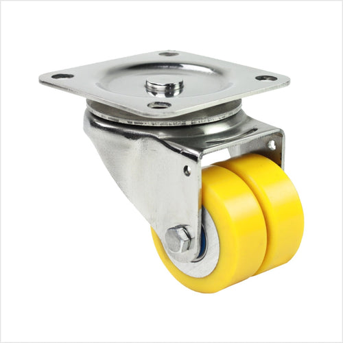 Edelstahl-Lenkrolle minischwerlastrolle 50 mmm, rostfrei, mit 2 gelben Polyurethan-Rädern, und Edelstahl-Kugellagern, Radform flach