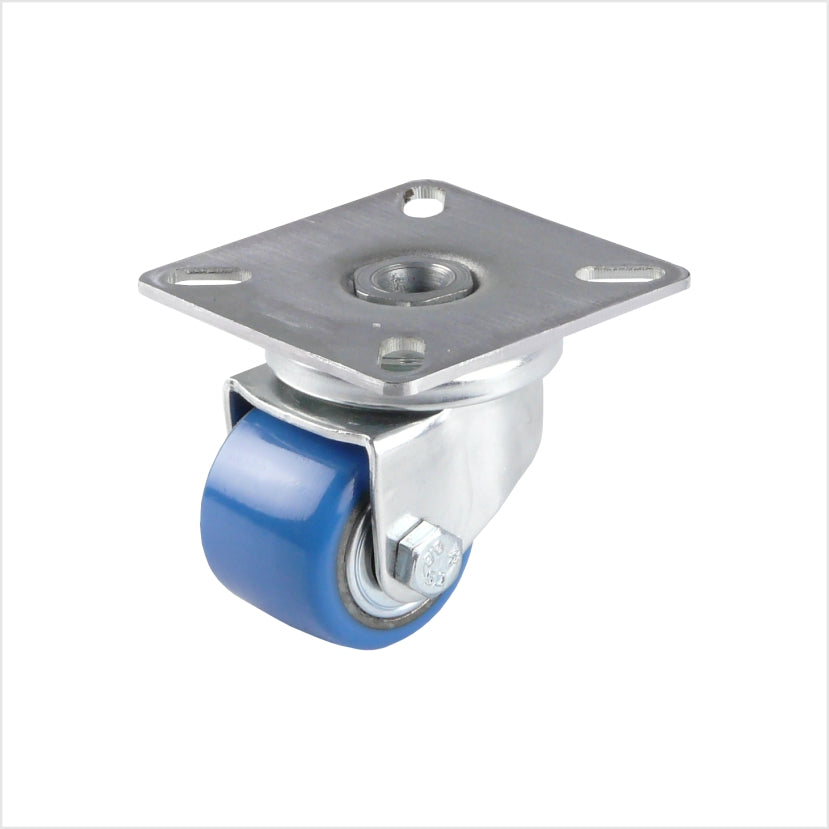 Kleine Lenkrolle mit blauem Polyurethan-Rad. Die Anschraubplatte mit 4 Löchern ist gut erkennbar.