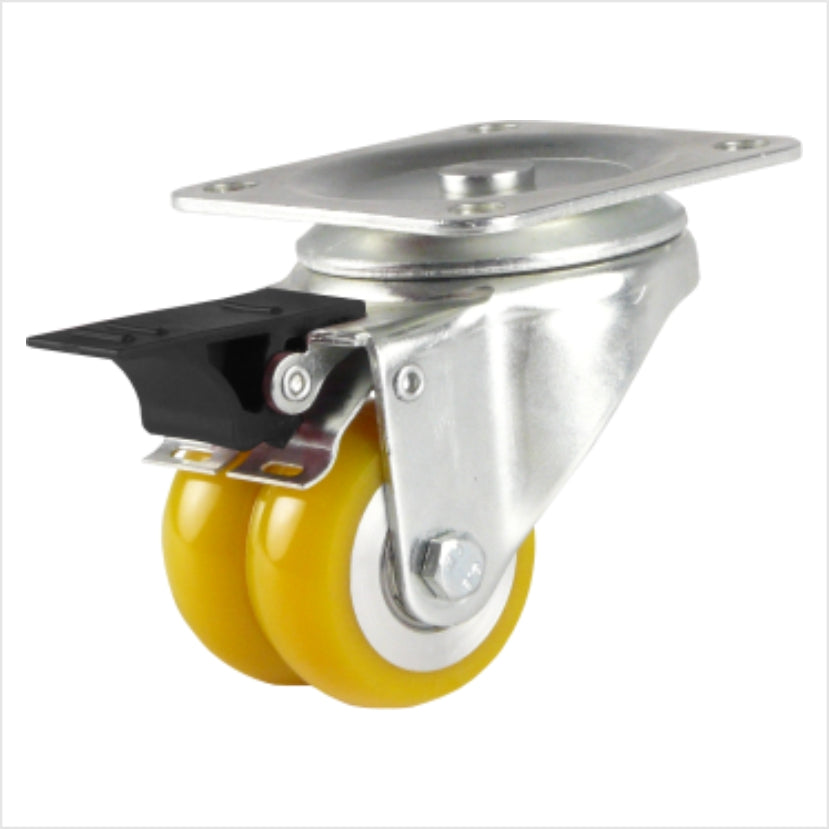 Lenkrolle mini Schwerlastrolle mit Bremse (Feststellhebel) mit zwei gelben Polyurethan-Rädern 50 x 20 mm , Radform ballig, mit schwarzem Hebel, Kopfplatte für 4 Löchern