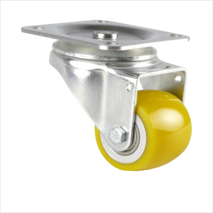 lenkrolle mit breitem Polyurethan-Rad und balliger Lauffläche in gelb mit verzinktem Gehäuse. 