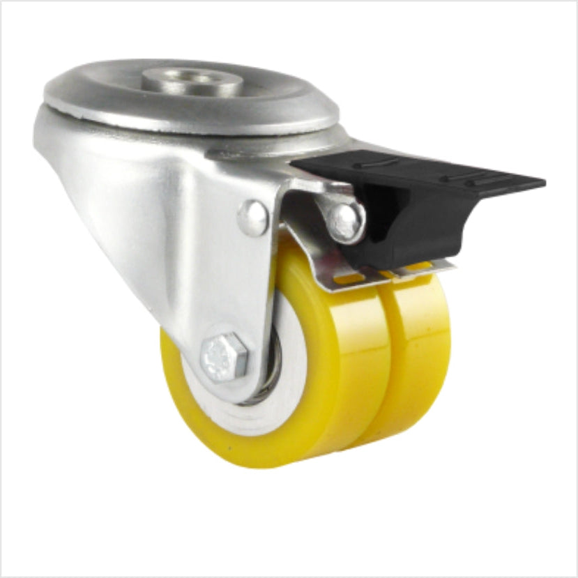 miniSchwerlast-Doppelrolle mit Bremse, zwei Räder 50 x 20 mm im Stahlblechgehäuse und schwarzem Feststellhebel, Räder gelb mit flachem Laufbelag