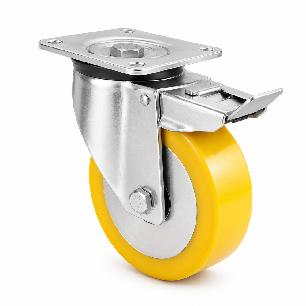 200 mm swivel castor with brake PU-wheel, flat, Kugellager