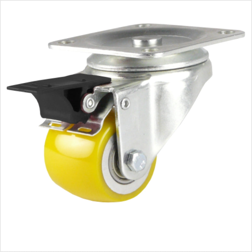 Lenkrolle mini Schwerlastrolle mit Bremse (Feststellhebel) mit gelbem Polyurethan-Rad 50 x 40 mm , Radform ballig, mit schwarzem Hebel, Kopfplatte für 4 Löchern