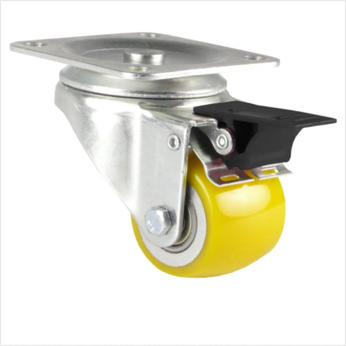 Lenkrolle mini Schwerlastrolle mit Bremse (Feststellhebel) mit gelbem Polyurethan-Rad 50 x 40 mm , Radform ballig, mit schwarzem Hebel, Kopfplatte für 4 Löchern