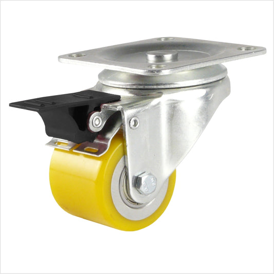 Lenkrolle mini Schwerlastrolle mit Bremse (Feststellhebel) mit gelbem Polyurethan-Rad 50 x 40 mm , Radform flach, mit schwarzem Hebel, Kopfplatte für 4 Löchern