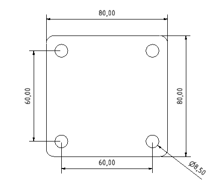 Dimension drawing top plate 80 x 80 mm, bolt hole spacing 60 x 60 mm, 4 holes Ø 8.5 mm
