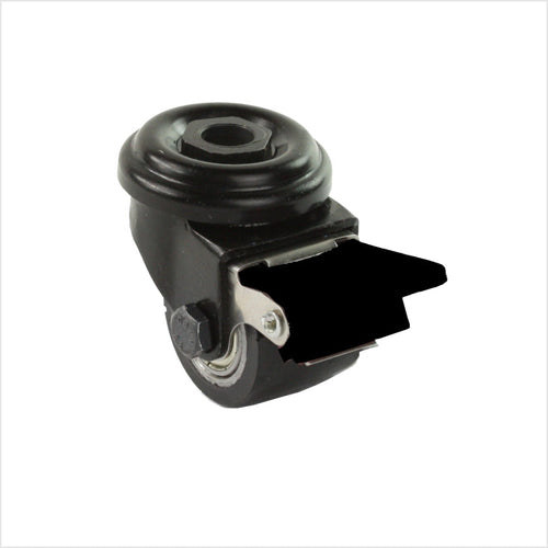 35 mm mini Schwerlastrolle Lenkrolle schwarz mit Rückenloch, Feststeller, Bremshebel schwarz, Polyurethan-Rad schwarz mit 2 Kugellagen.