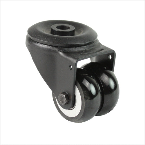 Mini heavy-duty swivel castor R-MIB-691KBA with crowned double wheels and bolt hole fitting, wheel size 50 × 20 mm, compact industrial castor for high load capacity applications