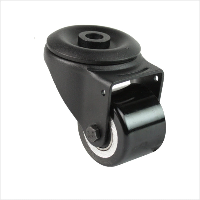 Schwarze Mini-Schwerlast-Lenkrolle R-MIB-691KFL mit Rückenlochbefestigung und flachem Doppelrad, Raddurchmesser 50 mm, kompakte Industrie-Rolle für Möbel-, Laden- und Messebau