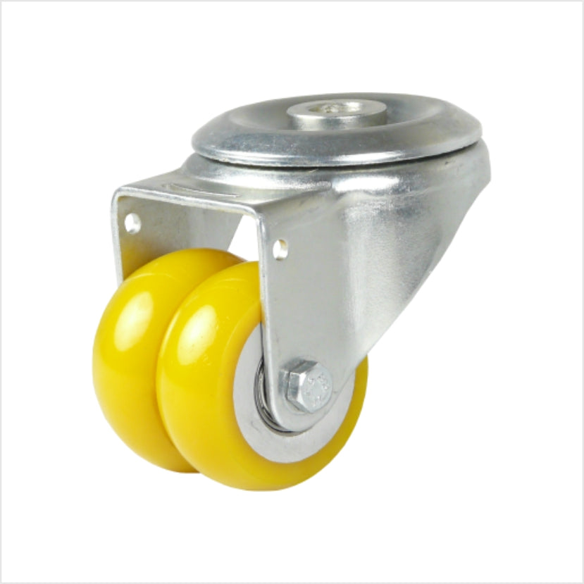mini Schwerlast-Lenkrolle mit Rückenloch zur Befestigung mit einer Schraube. Mit zwei Rädern als Doppelrolle mit balligem Polyurethan-Belag in gelb