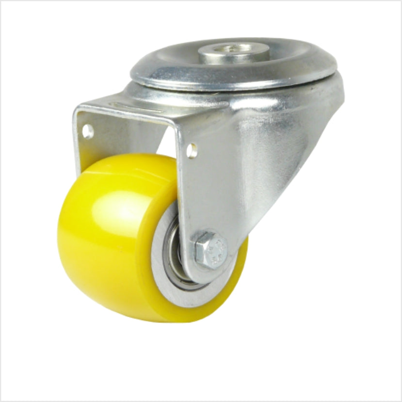 Lenkrolle mit Rückenloch, zur Befestigung mit einer Schraube und balligem Polyurethan-Rad 50 x 40 mm in gelb. Gehäuse verzinkt.