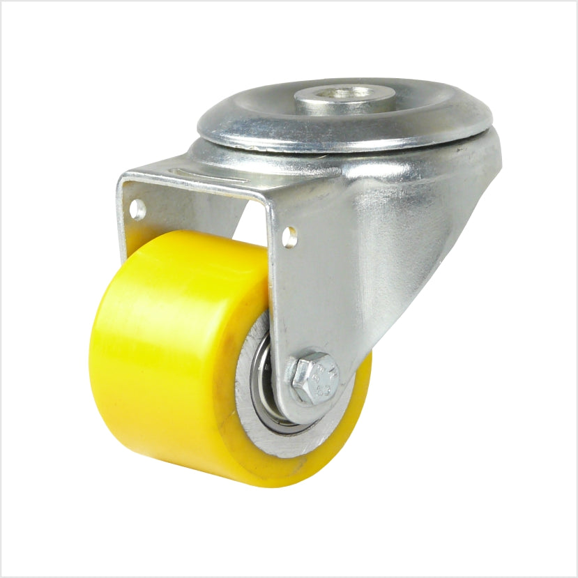 Lenkrolle mit Rückenloch, mini Schwerlastrolle mit gelbem Polyurethan-Rad 50 x 40 mm, für Schraubenbefestigung mit Ein-Loch Gehäuse.