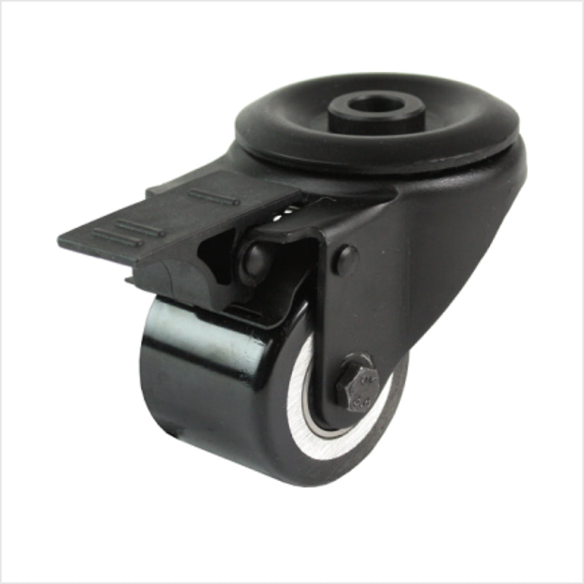 Schwarze mini-Schwerlast-Lenkrolle mit Rückenloch und Feststeller 