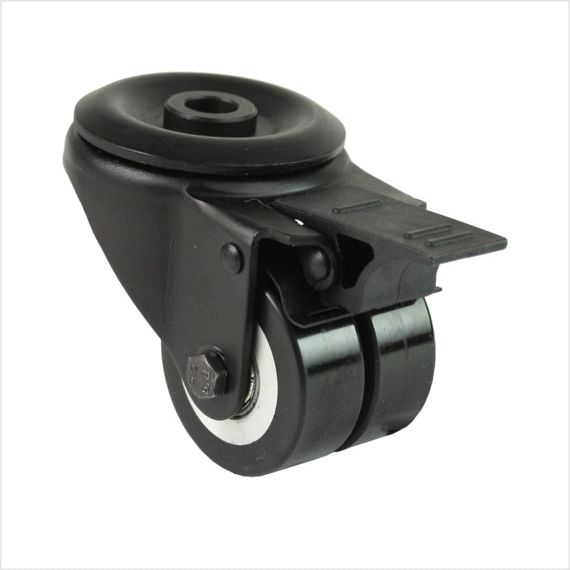 Mini heavy-duty swivel castor RTB-MIB-691KFL with flat double wheels, bolt hole fitting and total lock brake, wheel size 50 × 20 mm, compact industrial castor for high load capacity