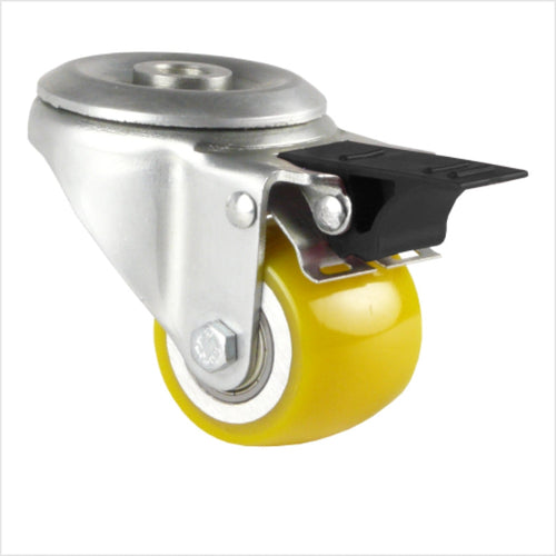 50 mm PU Swivel Caster with Total Lock Brake – Mini Heavy-Duty Caster, Extremely Robust, Top Plate with Bolt Hole, for Mobile Workstations