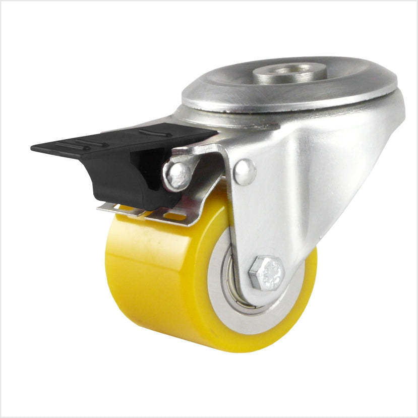 MiniSchwerlast-Lenkrolle mit Rückenlochbefestigung für eine Schraube, mit Polyurethan-Rad gelb 50 x 40 mm, mit schwarzem Feststellhebel