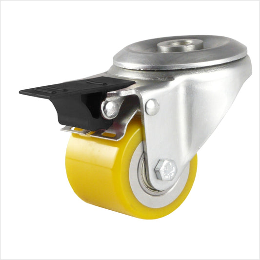 MiniSchwerlast-Lenkrolle mit Rückenlochbefestigung für eine Schraube, mit Polyurethan-Rad gelb 50 x 40 mm, mit schwarzem Feststellhebel