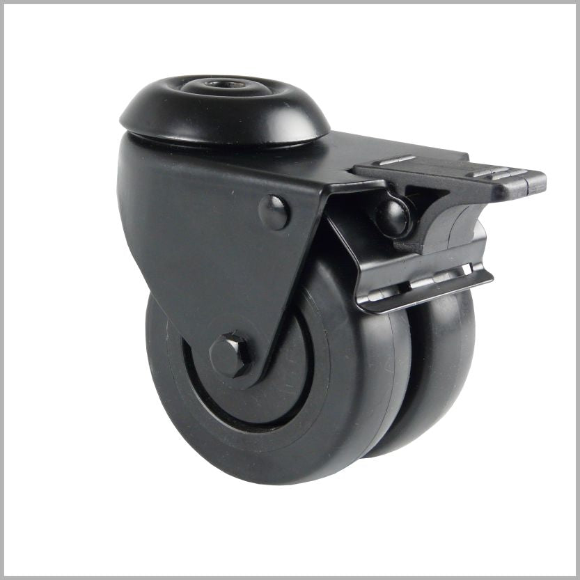 50 mm Black Twin Wheel Swivel Caster with Top Plate & Brake – for Merchandise Displays & Racks