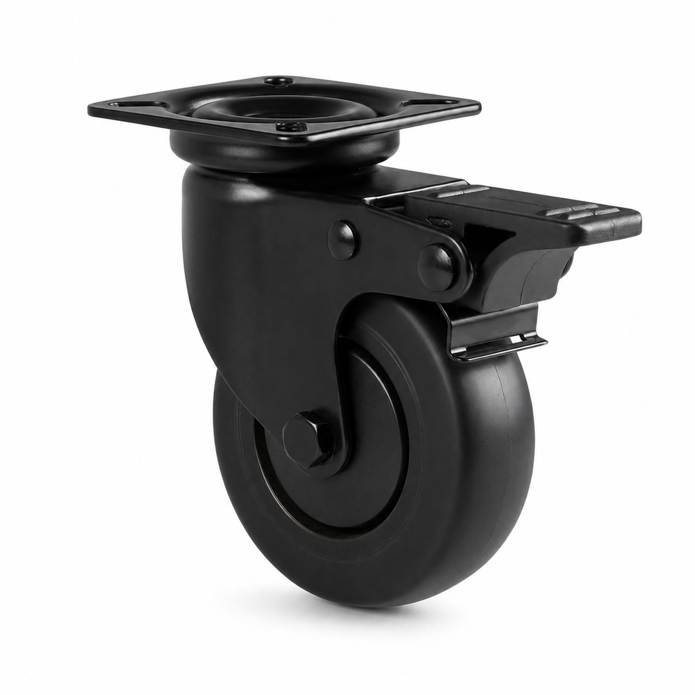 Black swivel castor 50 mm with total lock brake – rubber for display stands & shopfitting