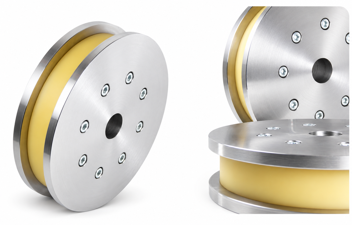 Mehrteiliges Vulkollan-Doppelspurkranzrad Ø 300 × 80 mm, stehend und liegend, Laufring zwischen zwei Spurkranzscheiben