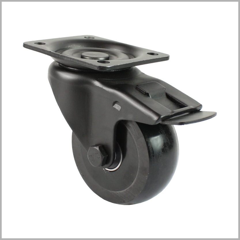 Black swivel castor 125 mm with brake, balligem PU-wheel and DIN-Platte 105x80 mm
