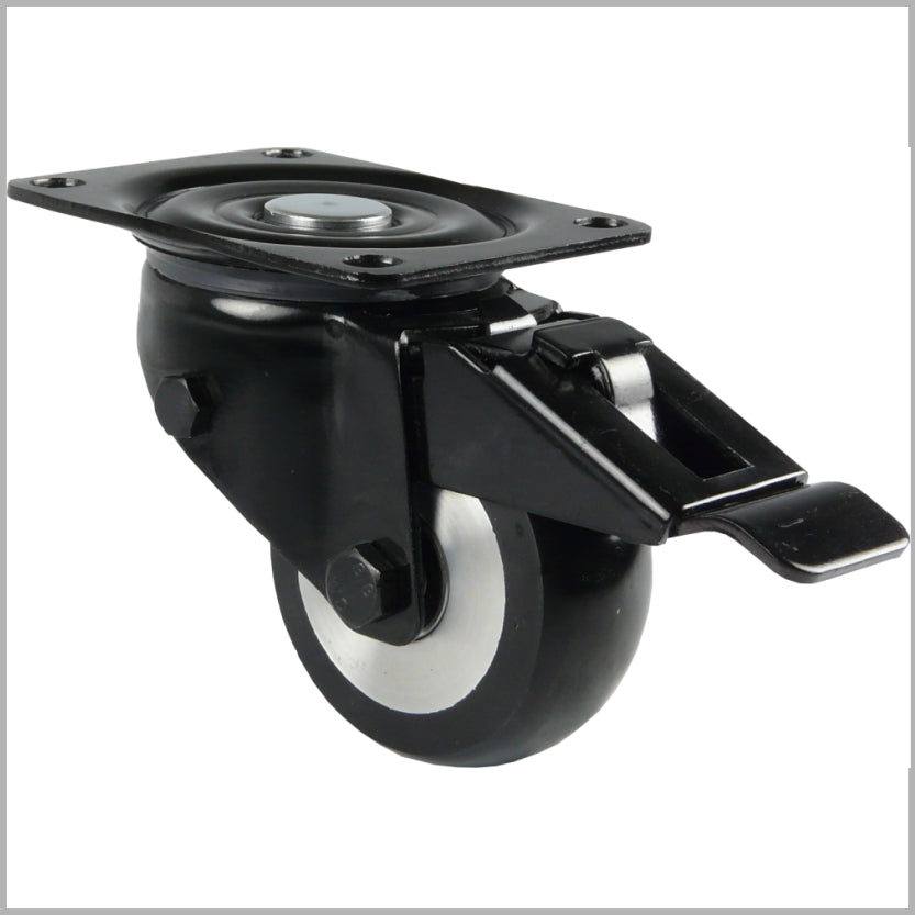 Black heavy-duty-swivel castor 125 mm with brake and PU-wheel crowned