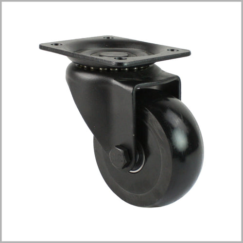 Black swivel castor 125 mm with crowned polyurethane wheel, Kugellager and DIN-Platte 105x80 mm