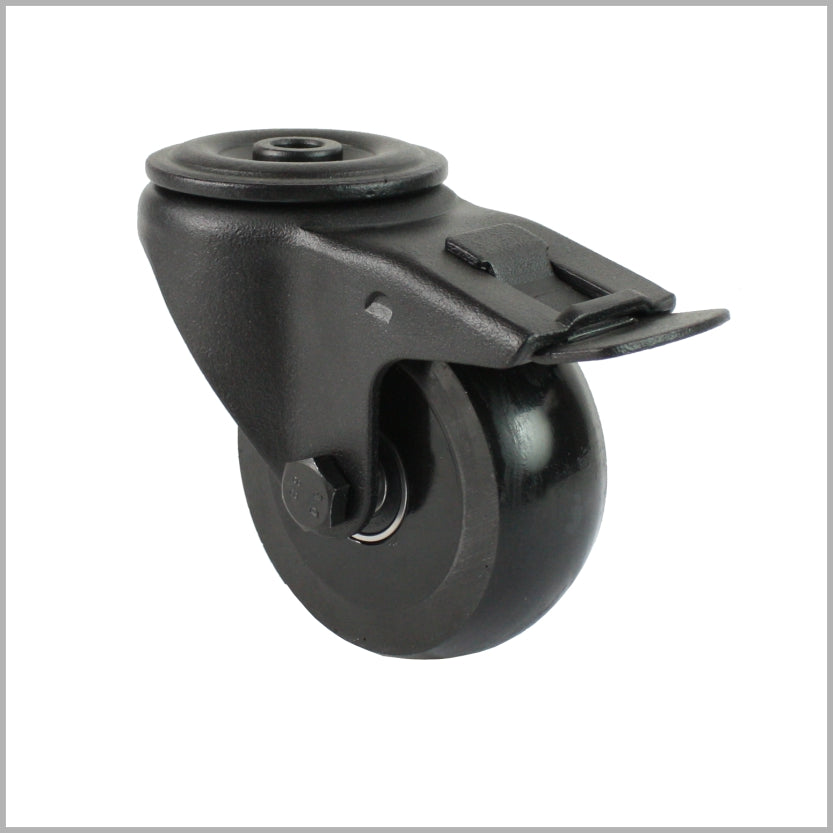 100 mm Black Swivel Caster, Brake, Mounting Hole, Crowned Polyurethane Wheel - RTB-TSB/6091KBA/100/40