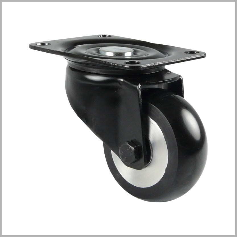 Black heavy-duty-swivel castor 125 mm with crowned polyurethane wheel and Kugellager